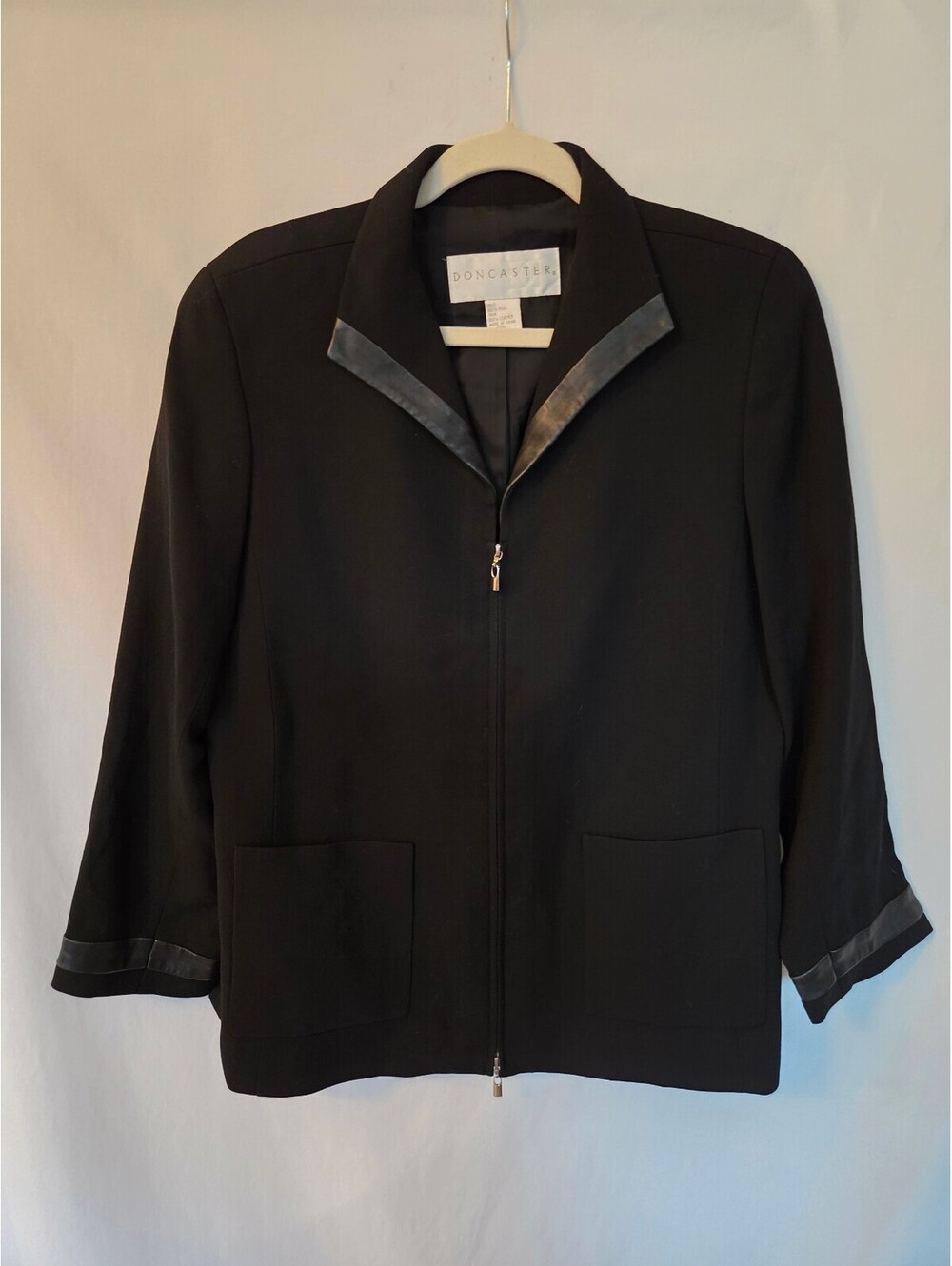 Vintage Doncaster Womens 12P Blk 100% Wool Leather Trim Zip Jacket Blazer 90sY2K
